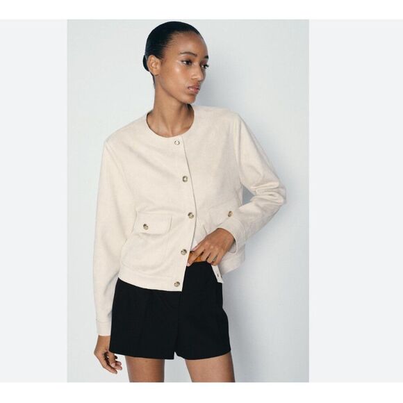 Zara Womens Jacket Size XL Off White Cropped Faux Suede gold button 4968/200 NWT - Picture 1 of 10